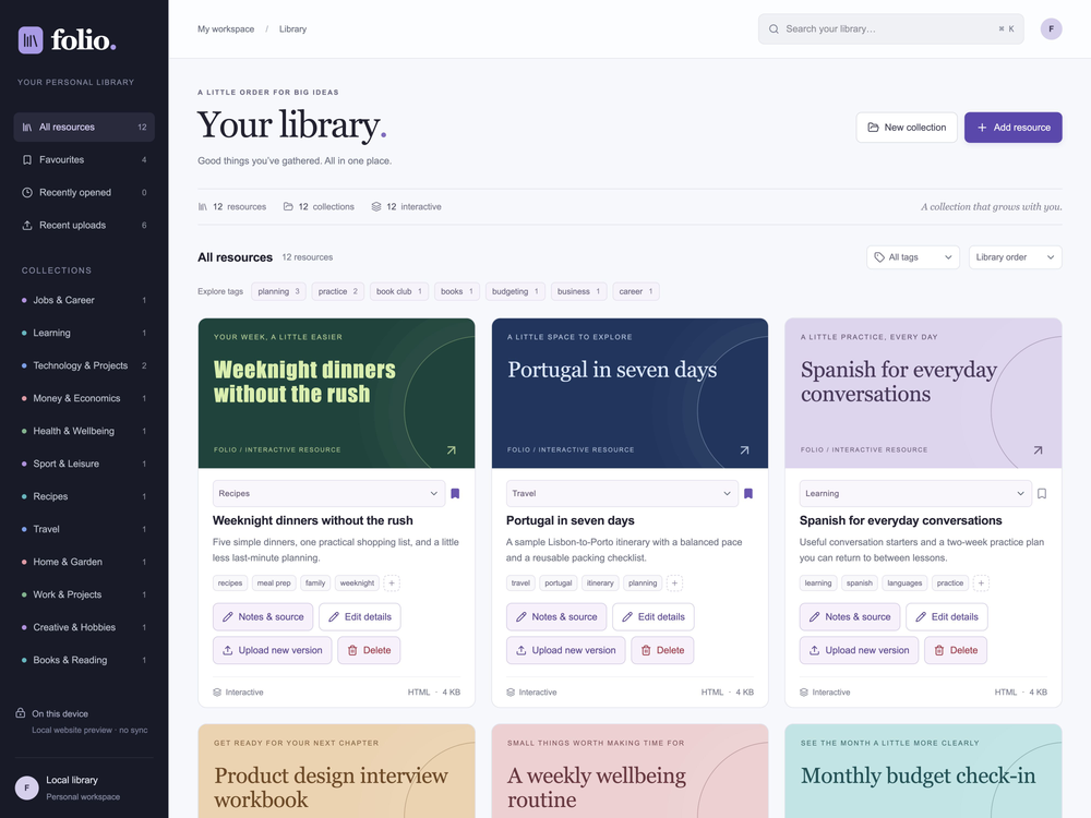Actual Folio web library with twelve fictional resources, including weeknight dinners, a Portugal itinerary, Spanish practice, interview preparation and wellbeing.