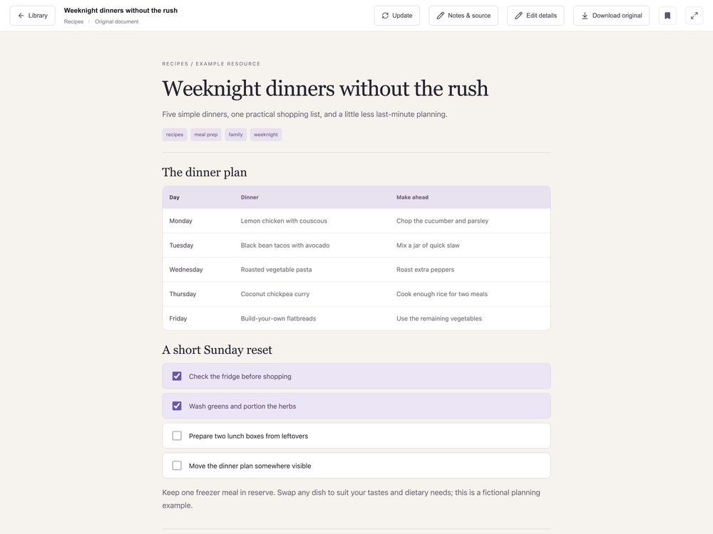 Actual HTML reader with a fictional five-day dinner plan and a Sunday reset checklist with two of four steps checked.