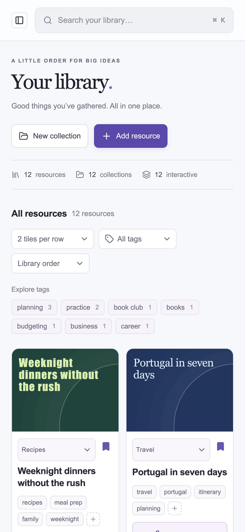 Actual two-column mobile web library showing fictional weeknight dinner and Portugal itinerary resources. This is a web capture, not native Android or iOS.