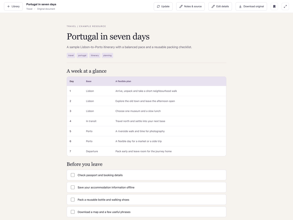 Actual HTML reader showing a fictional seven-day Lisbon-to-Porto itinerary and packing checklist, with no personal bookings.